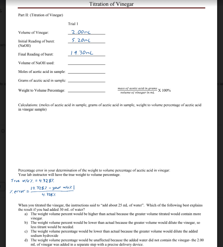Solved Titration of Vinegar Student Name Experimental Part