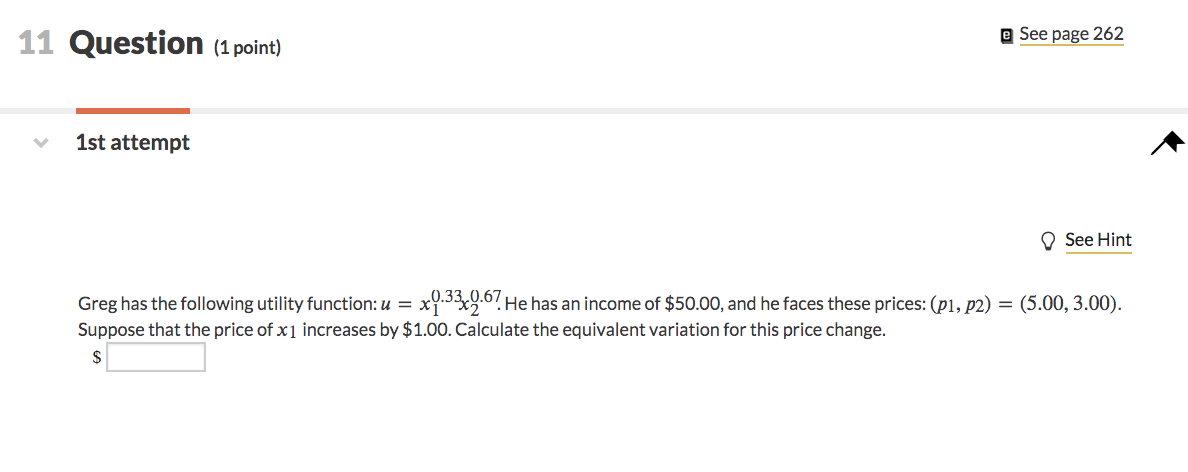 Solved 11 Question (1 point) @ See page 262 1st attempt See | Chegg.com