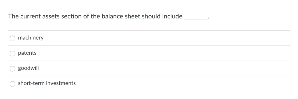 current assets section of the balance sheet should include