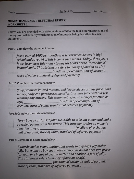 Solved Section Student ID Name MONEY, BANKS. AND THE