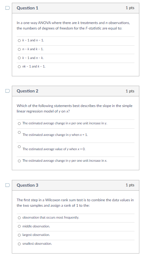 Solved U Question 1 1 pts In a one-way ANOVA where there are | Chegg.com