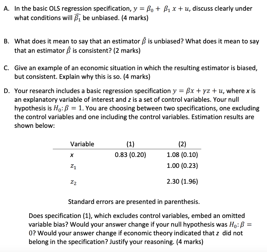 A In The Basic Ols Regression Specification Y Chegg Com