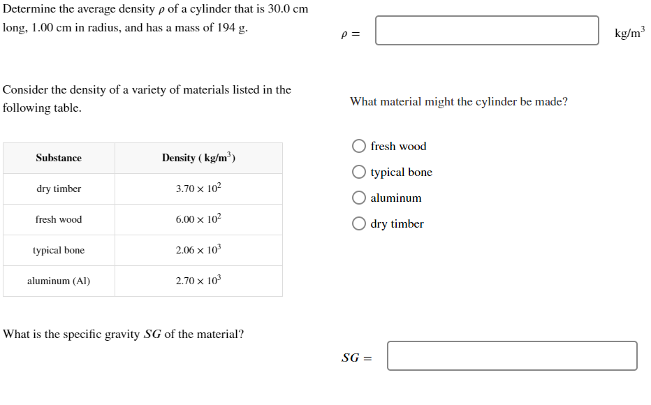Determine the average density \\\\rho of a cylinder
