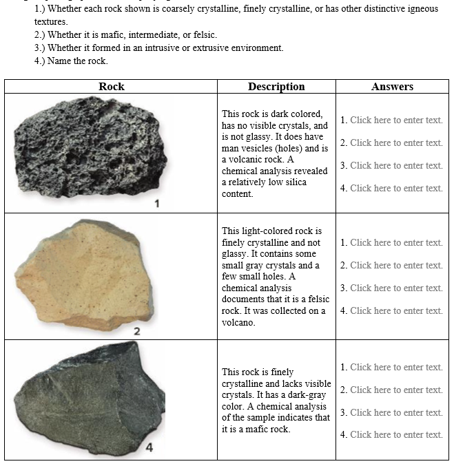 Solved 1.) Whether each rock shown is coarsely crystalline, | Chegg.com