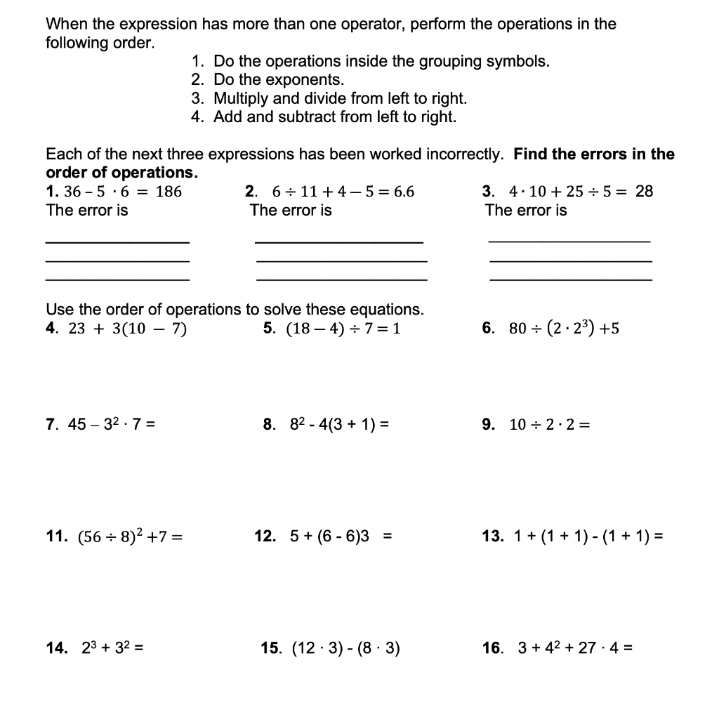 Solved When the expression has more than one operator, | Chegg.com