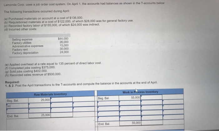 Solved Lamonda Corp. uses a job order cost system. On April | Chegg.com