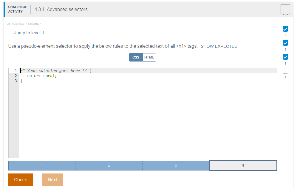 Solved CHALLENGE ACTIVITY 4.3.1: Advanced Selectors. | Chegg.com