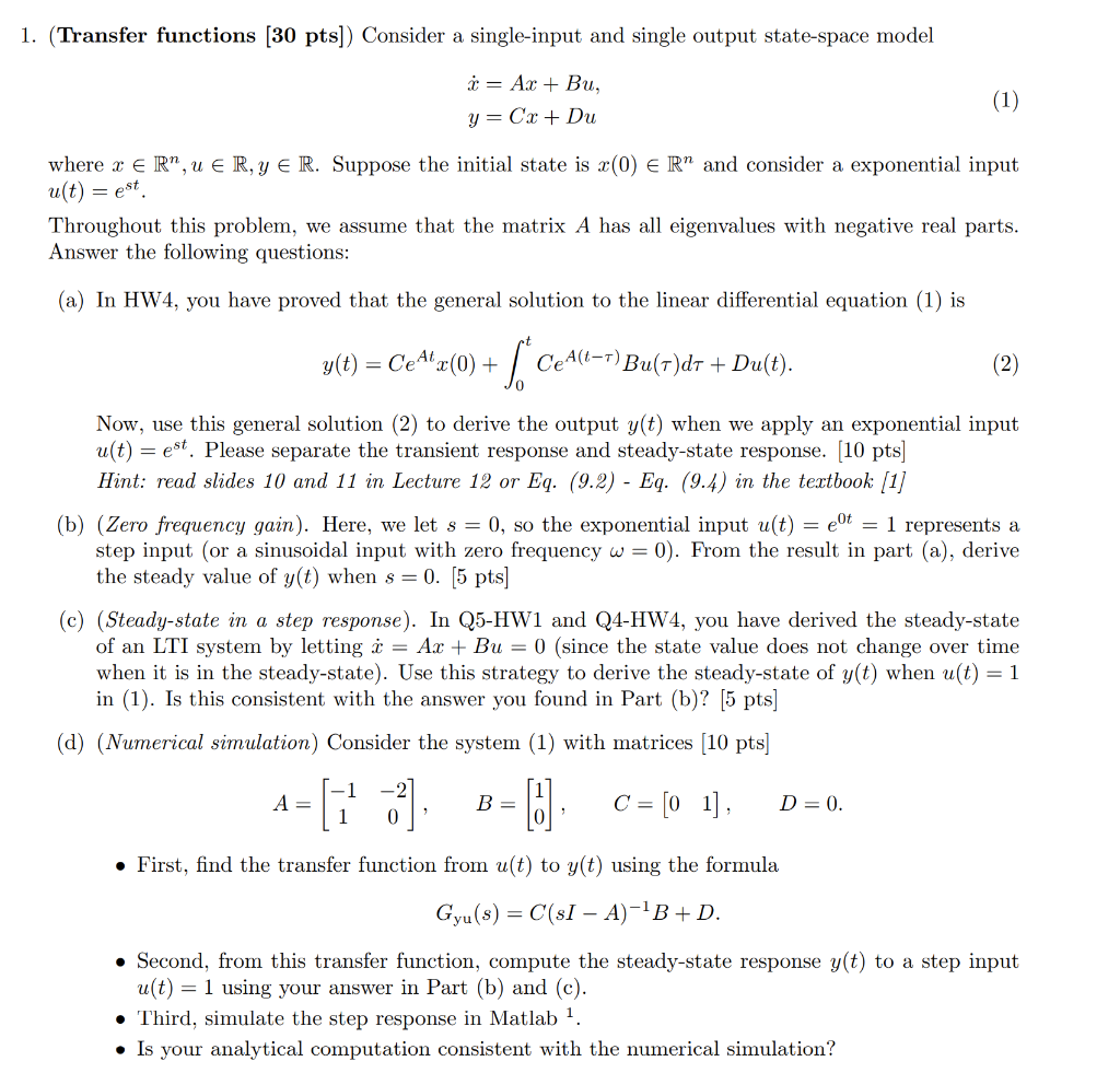 Solved 1. (Transfer functions [30 pts]) Consider a | Chegg.com