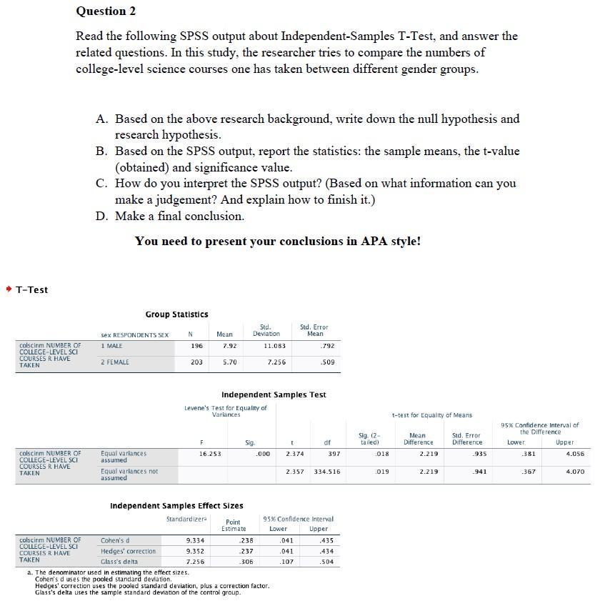 Solved Question 2 Read The Following SPSS Output About | Chegg.com