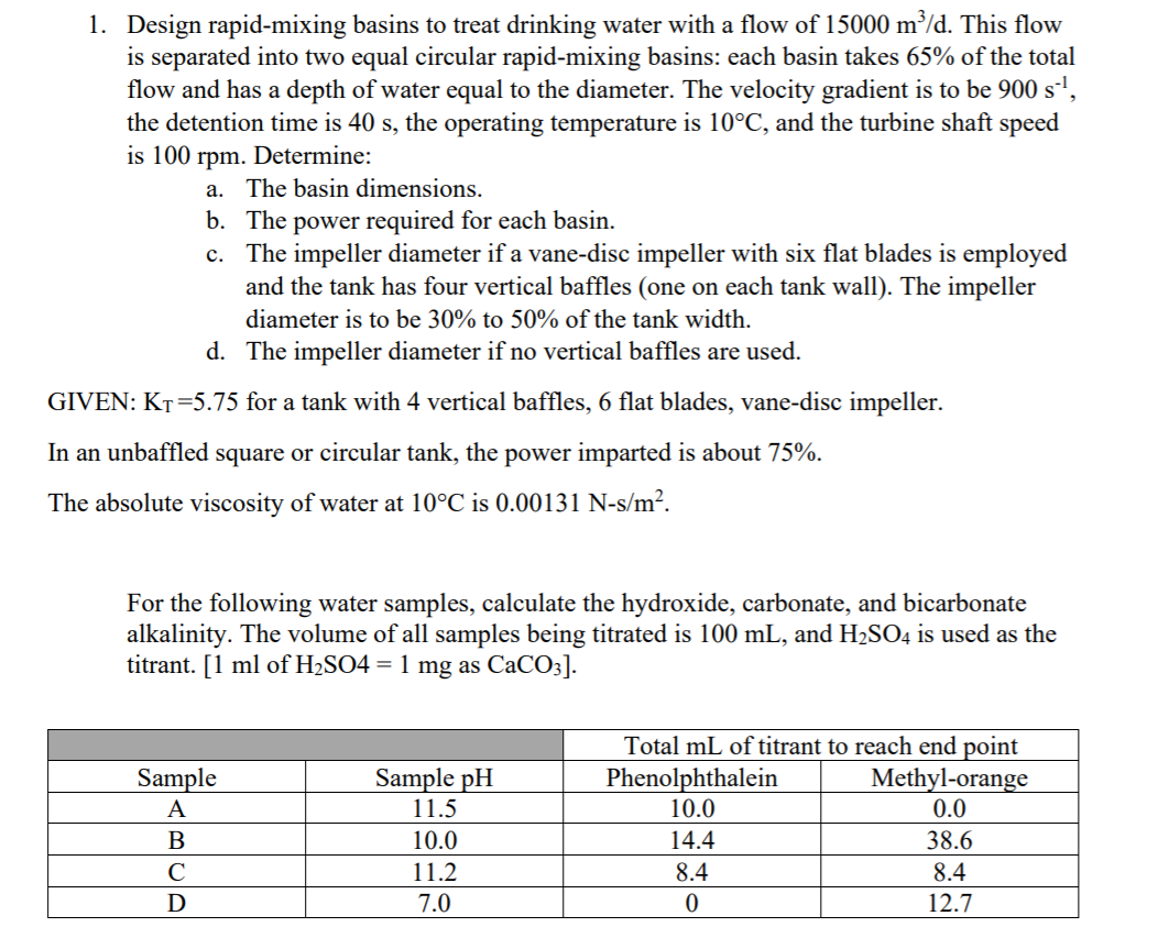 1. Design rapid-mixing basins to treat drinking water | Chegg.com