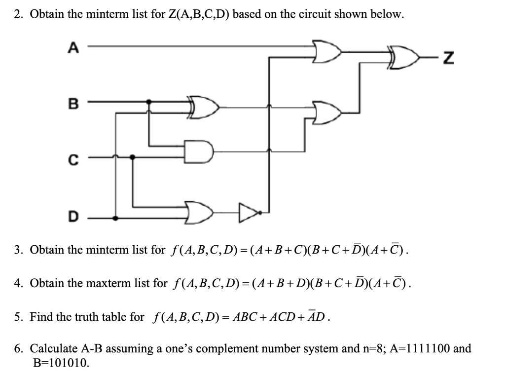 2. Obtain the minterm list for Z(A,B,C,D) based on | Chegg.com