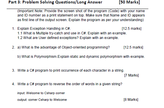 Solved Part 3: Problem Solving Questions/Long Answer (50 | Chegg.com