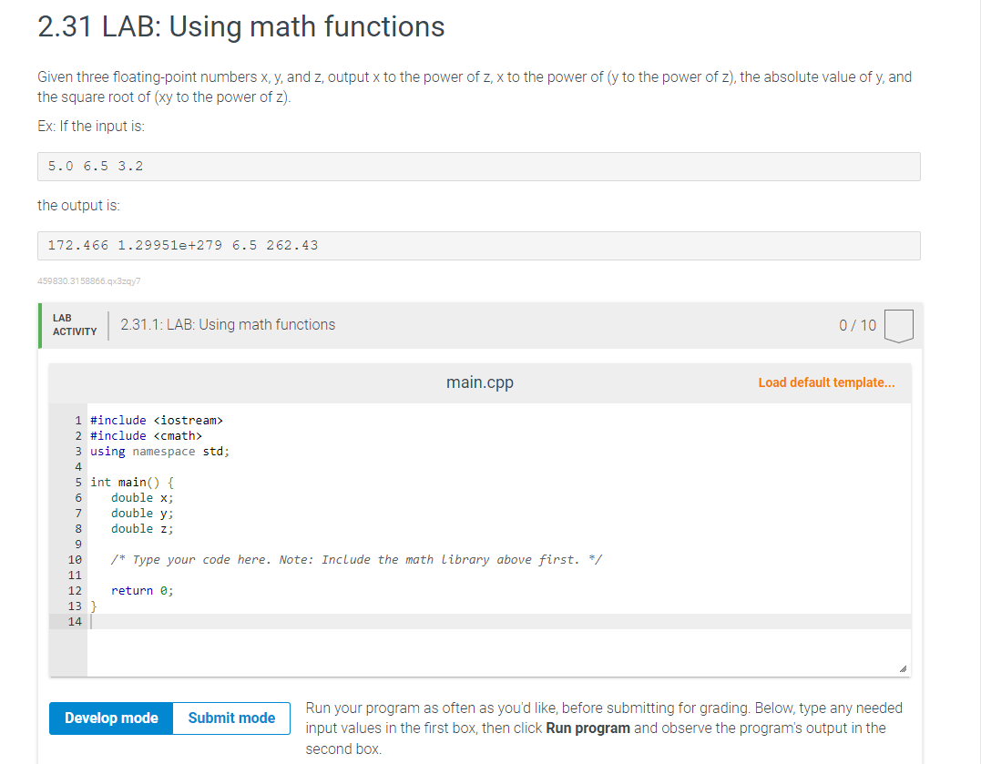 Solved 2.31LAB : UsIng math functions Given three | Chegg.com