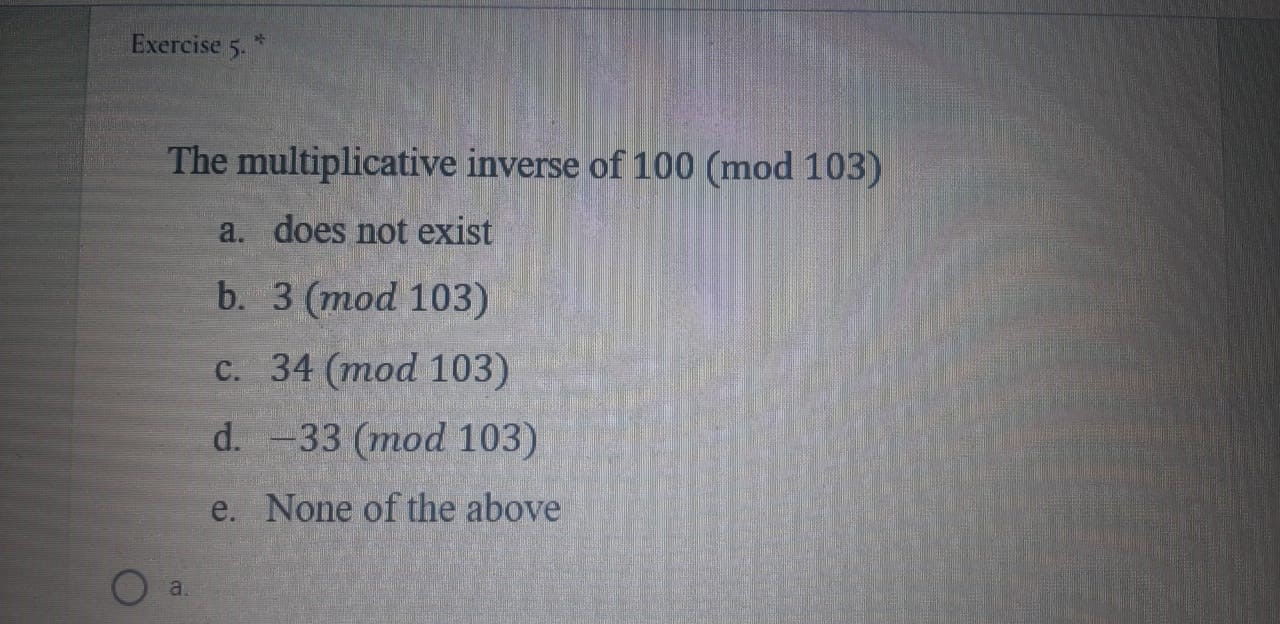 Solved Exercise 1. x + 2 = 1 (mod 8) a. has no solution b. | Chegg.com