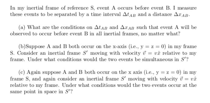 Solved In my inertial frame of reference S, event A occurs | Chegg.com