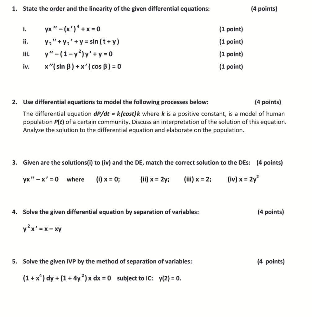 Solved 1. State the order and the linearity of the given | Chegg.com