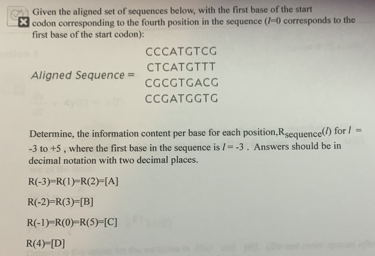 Solved Given the aligned set of sequences below, with the | Chegg.com