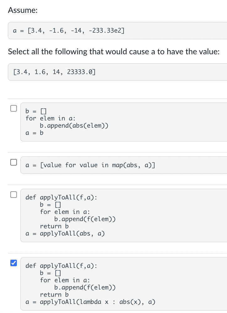 Solved Assume: a=[3.4,−1.6,−14,−233.33e2] Select all the | Chegg.com