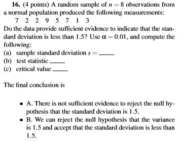 Solved 16. (4 points) A random sample of n=8 observations | Chegg.com