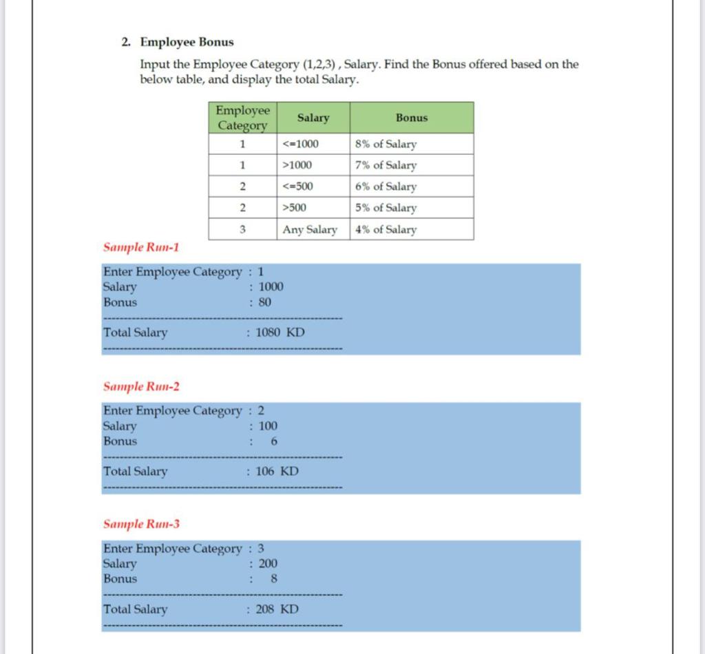 Solved 2. Employee Bonus Input the Employee Category | Chegg.com