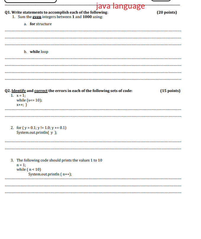 Solved java language (20 points) Q1. Write statements to | Chegg.com