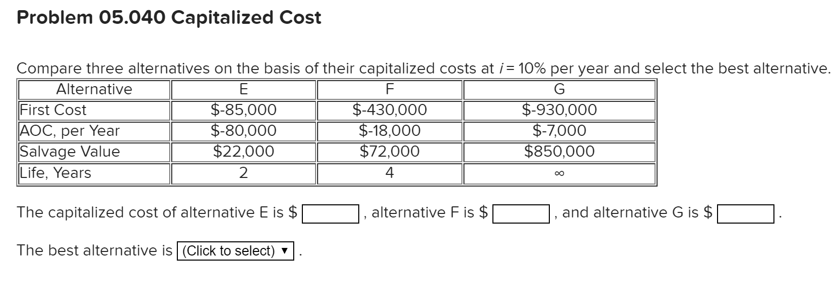 Solved Problem 05.040 Capitalized Cost E Compare three