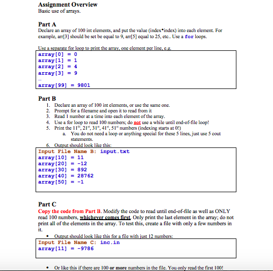 Assignment Overview Basic use of arrays. Part A | Chegg.com