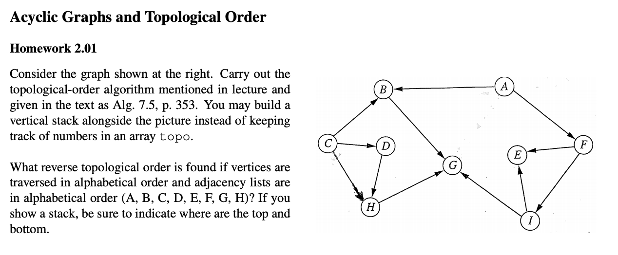 Acyclic Graphs and Topological Order Homework 2.01 Consider the graph shown at the right. Carry out the topological-order alg