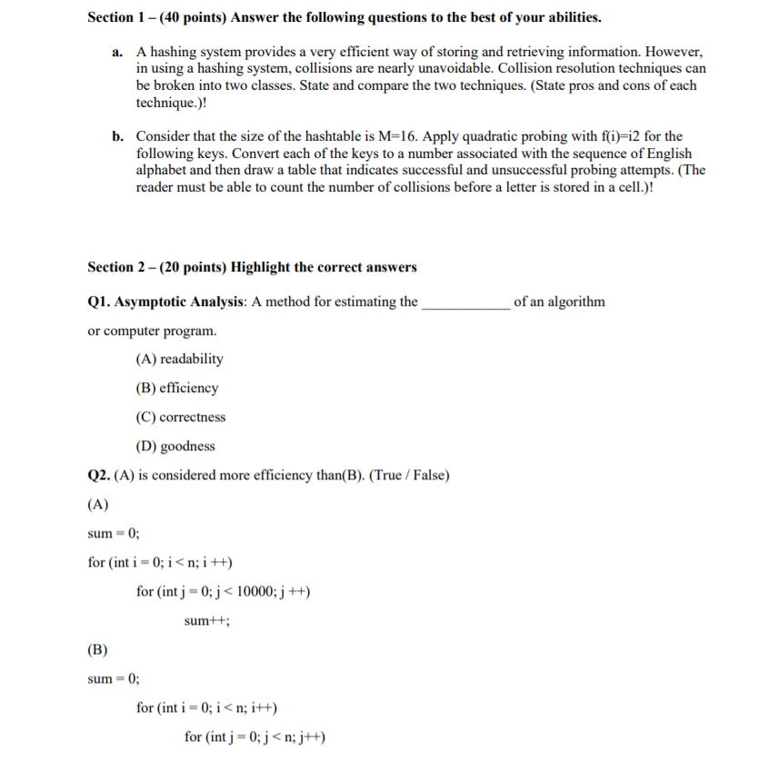 Solved Section 1 - (40 points) Answer the following | Chegg.com