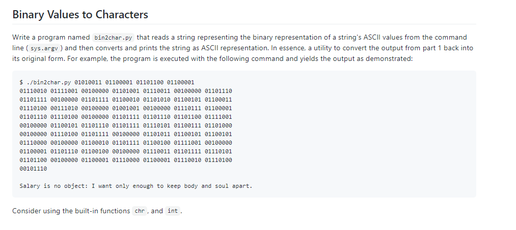 Solved Binary Values to Characters Write a program named | Chegg.com