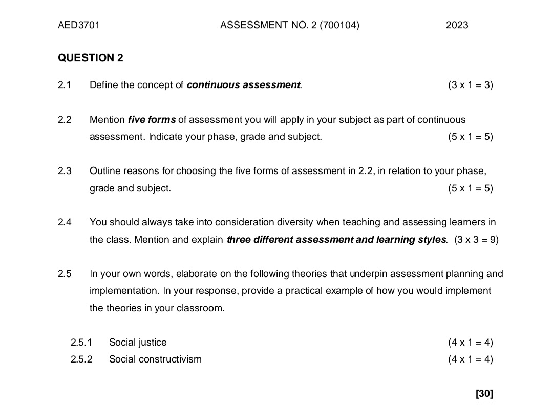 AED3701 ASSESSMENT NO. 2 (700104) 2023 QUESTION 2 2.1 | Chegg.com