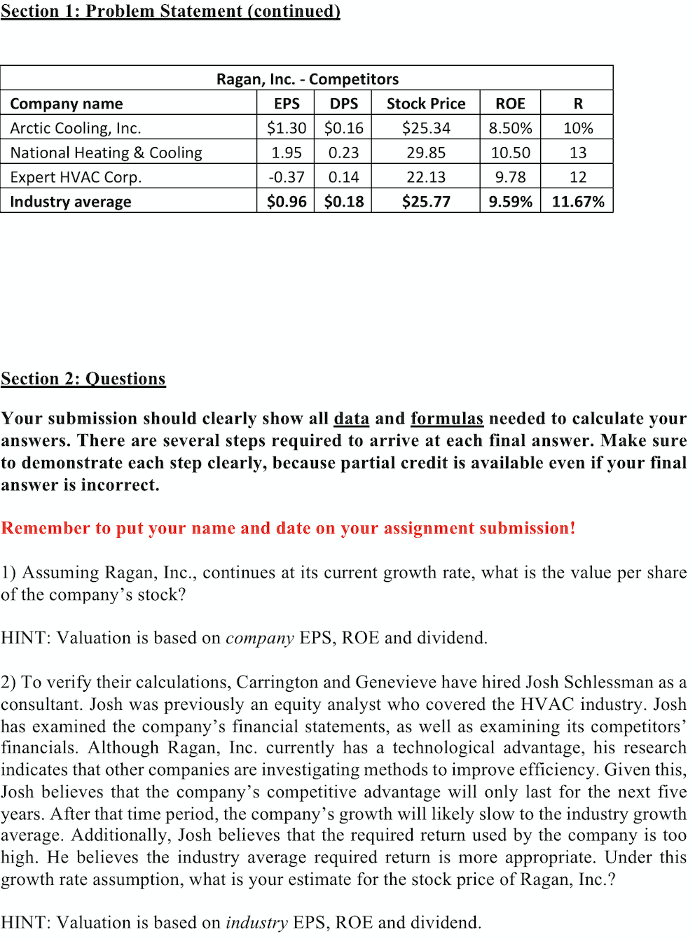 Stock Problem Stat Section 1: Problem Statement Stock Valuation at | Chegg.com
