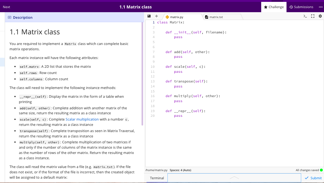 Solved Next 1.1 Matrix class Description 1.1 Matrix class | Chegg.com