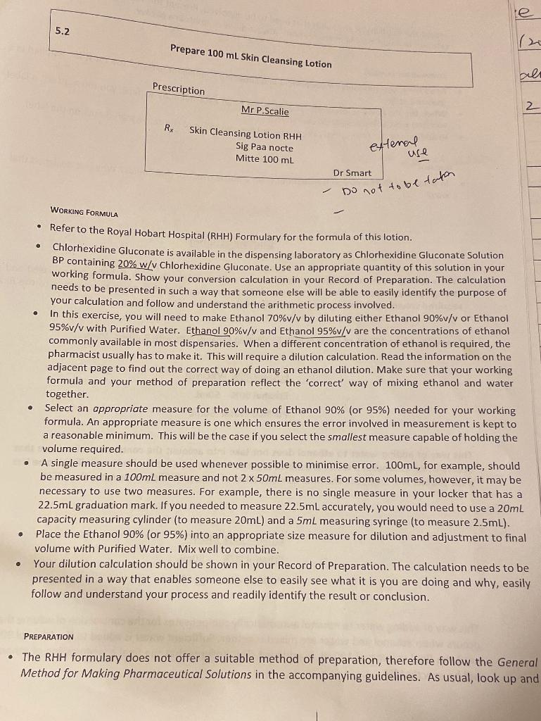 Solved e Р 5.2 د) Prepare 100 mL Skin Cleansing Lotion bal