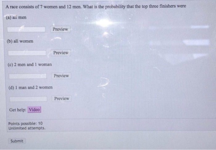race consists of 7 women and 12 men 