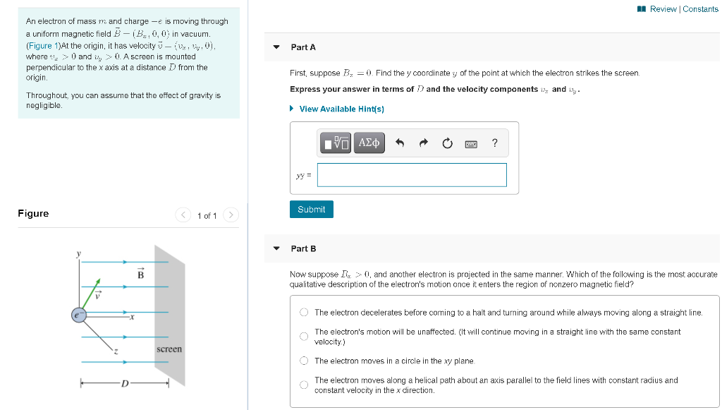 Solved Review Constants An electron of mass m and charge -e | Chegg.com