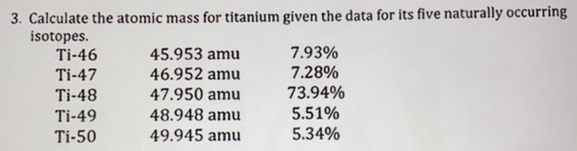 Solved 3. Calculate the atomic mass for titanium given the | Chegg.com