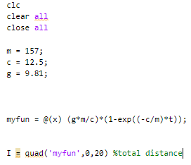 Solved clc clear all close all m=157; c=12.5; g=9.81; myfun | Chegg.com