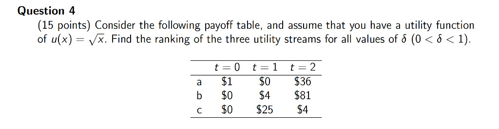 Solved Question 4 (15 points) Consider the following payoff | Chegg.com