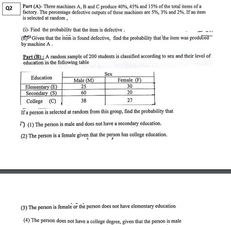 Solved Part (A)- Three Machines A, B And C Produce 40%,45% | Chegg.com