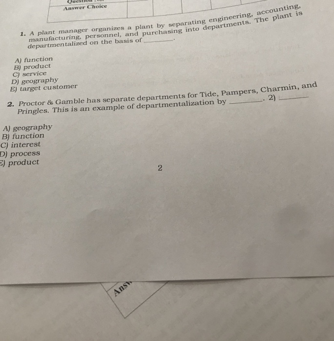 Solved QuestID Answer Choice plant manager organizes a plant | Chegg.com