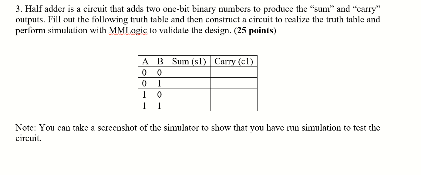 Solved 3. Half adder is a circuit that adds two one-bit | Chegg.com