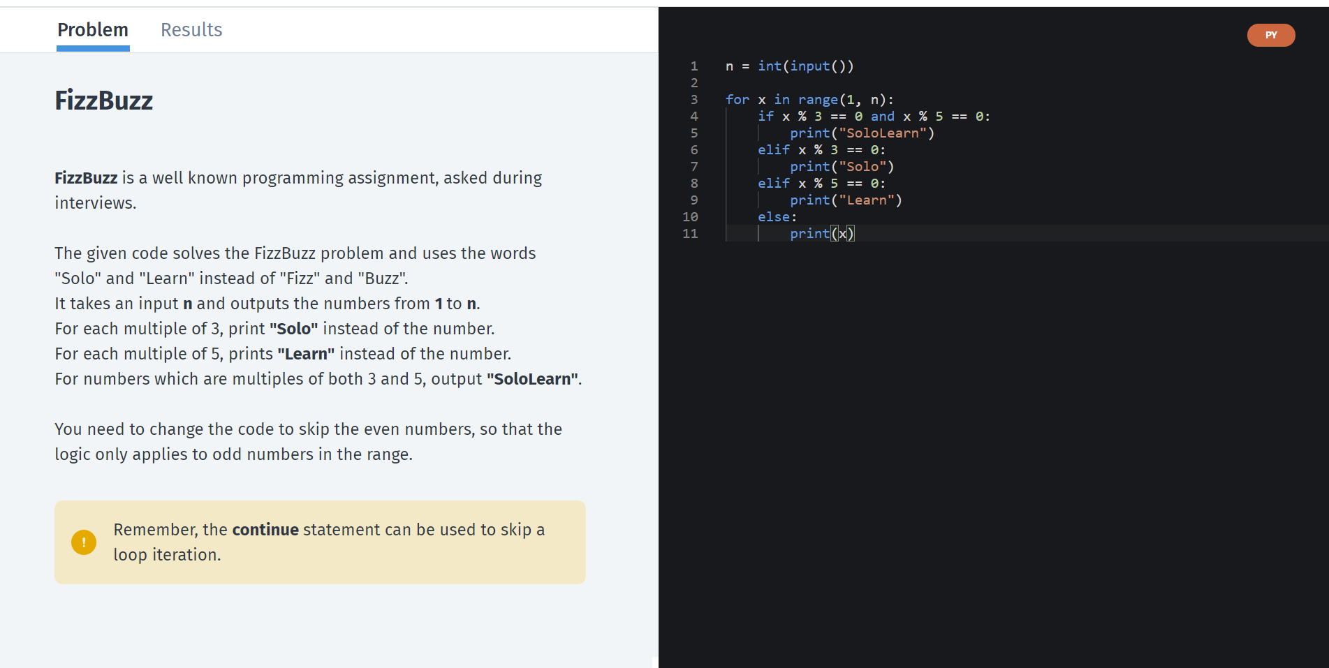 Solved Problem Results PY 1 n = int(input()) FizzBuzz 2 3 4 | Chegg.com