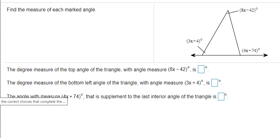 Find The Measure Of Each Marked Angle 8x 42 3x 4 Chegg Com