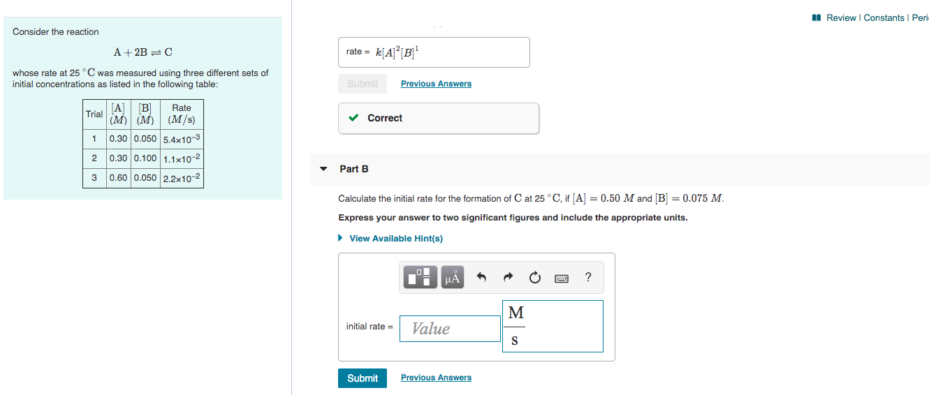 Solved Review Constants Peri Consider the reaction A +2B=C | Chegg.com
