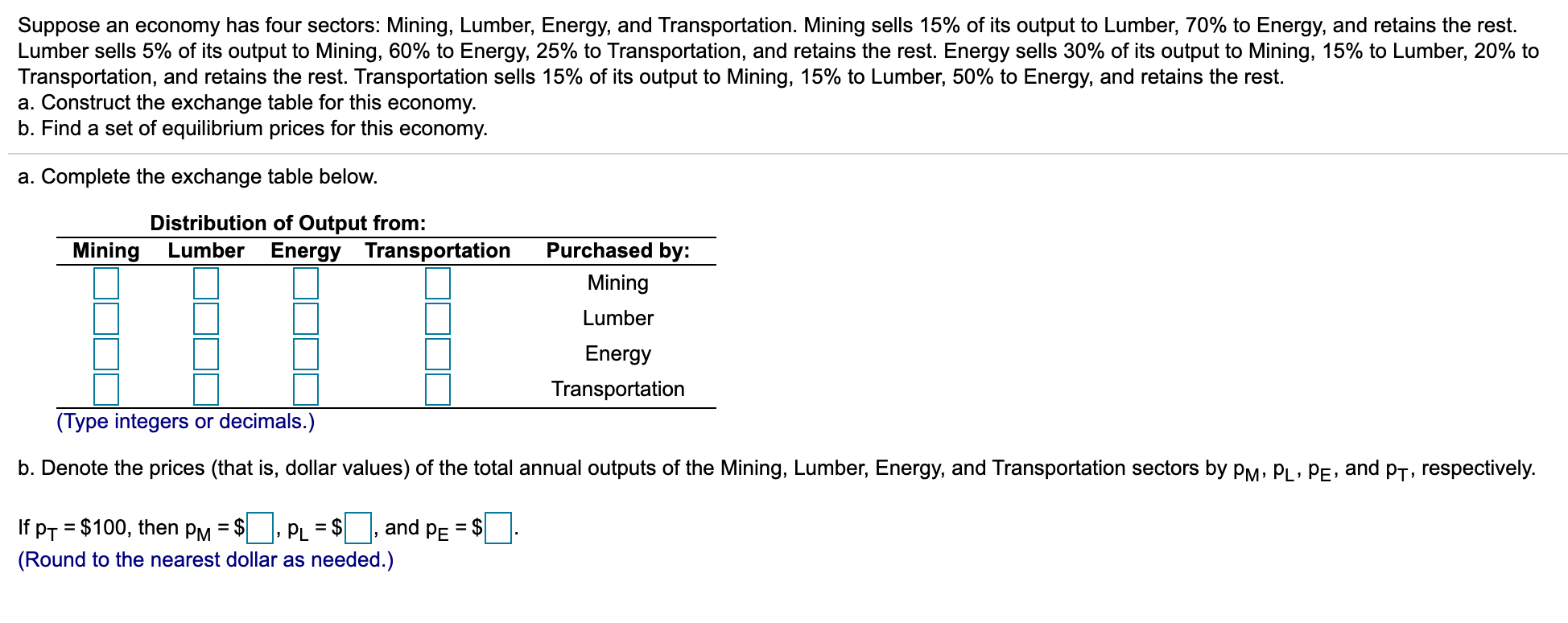 Solved Suppose an economy has four sectors: Mining, Lumber, | Chegg.com
