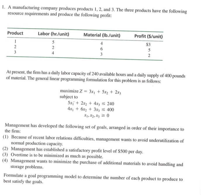 Solved I. A Manufacturing Company Produces Products 1,2, And | Chegg.com