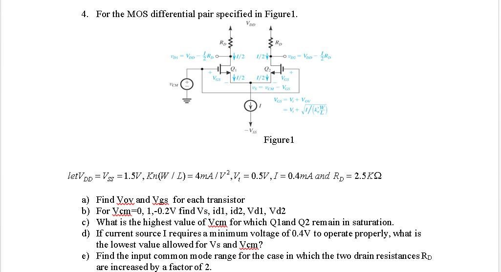 Solved 4. For the MOS differential pair specified in | Chegg.com
