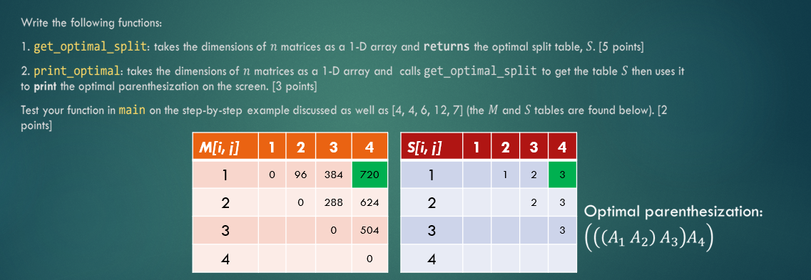 Solved Write the following functions: 1. get_optimal_split: | Chegg.com