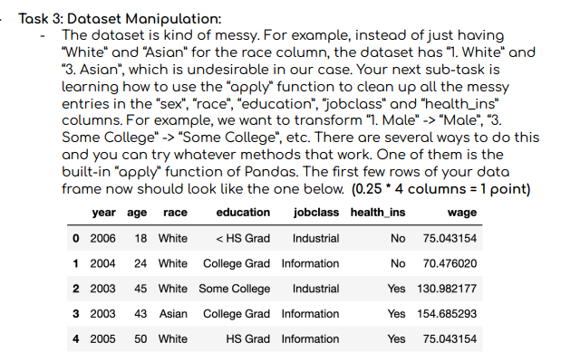 Task 3: Dataset Manipulation:
- The dataset is kind of messy. For example, instead of just having White and Asian for the
